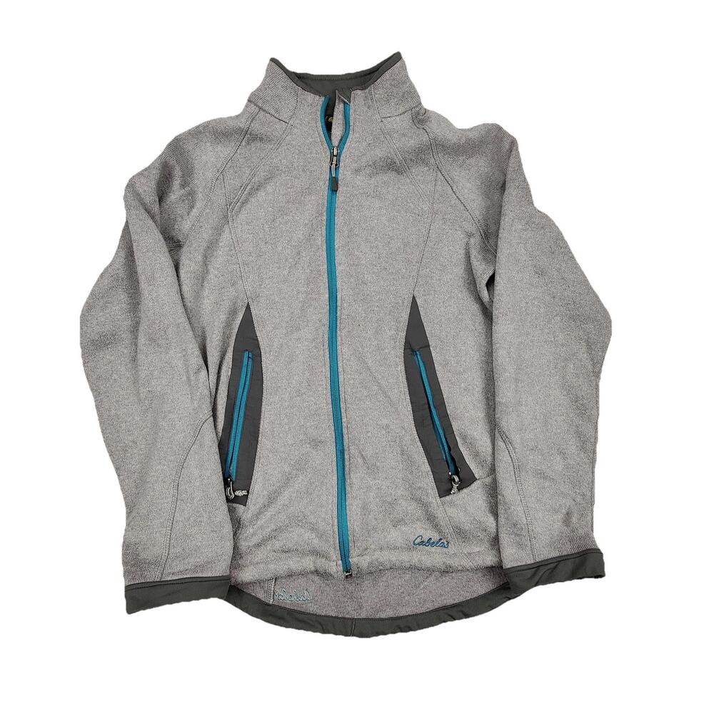 Cabela's Fleece Jacket Womens Large Gray Full Zip Pockets Teal Trim Outdoor
